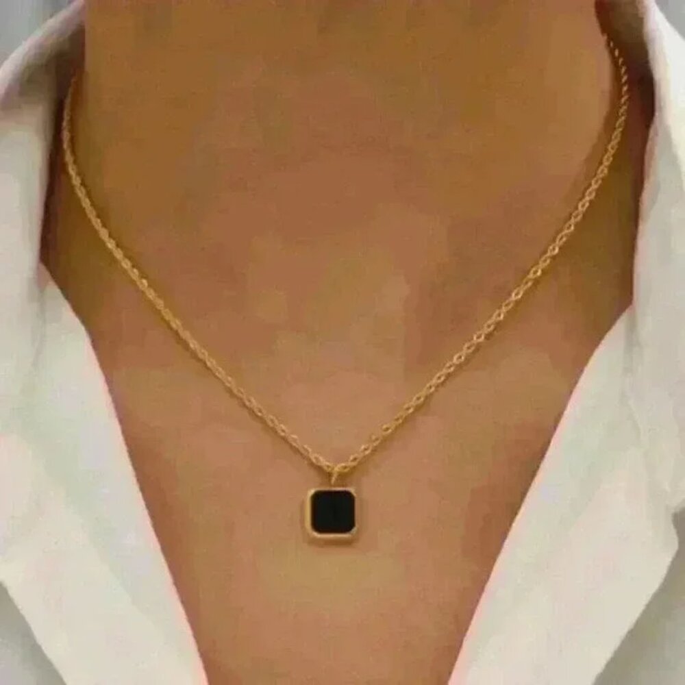 18k Gold Filled Rope Chain Necklace Black Square Pendant